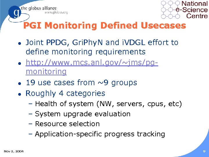 PGI Monitoring Defined Usecases l l Joint PPDG, Gri. Phy. N and i. VDGL