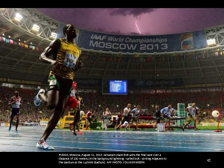 RUSSIA, Moscow, August 11, 2013: Jamaican Usain Bolt wins the final race over a