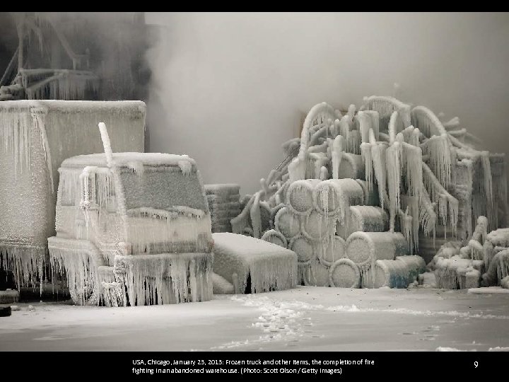USA, Chicago, January 23, 2013: Frozen truck and other items, the completion of fire