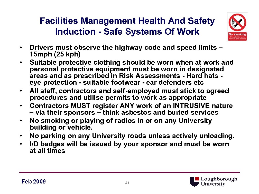 Facilities Management Health And Safety Induction - Safe Systems Of Work • • Drivers