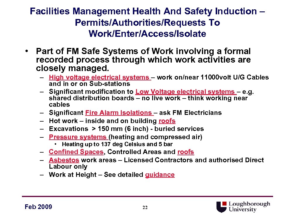 Facilities Management Health And Safety Induction – Permits/Authorities/Requests To Work/Enter/Access/Isolate • Part of FM