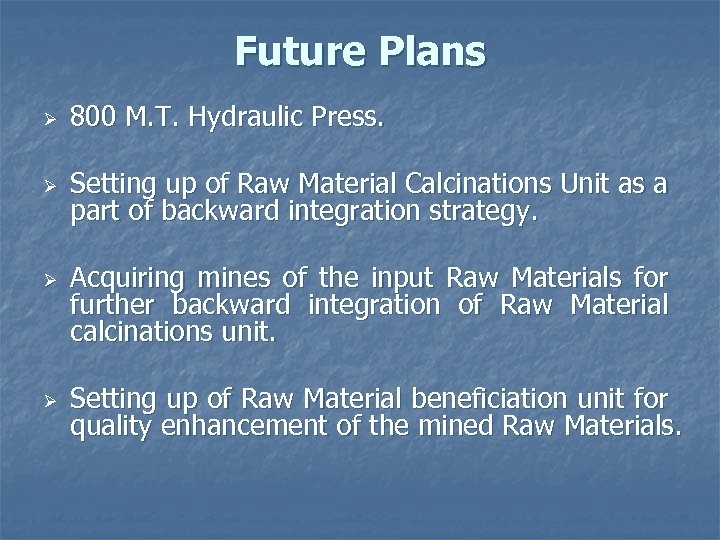 Future Plans Ø 800 M. T. Hydraulic Press. Ø Setting up of Raw Material