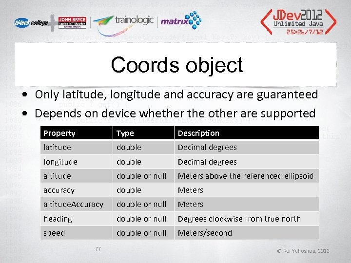 Coords object • Only latitude, longitude and accuracy are guaranteed • Depends on device
