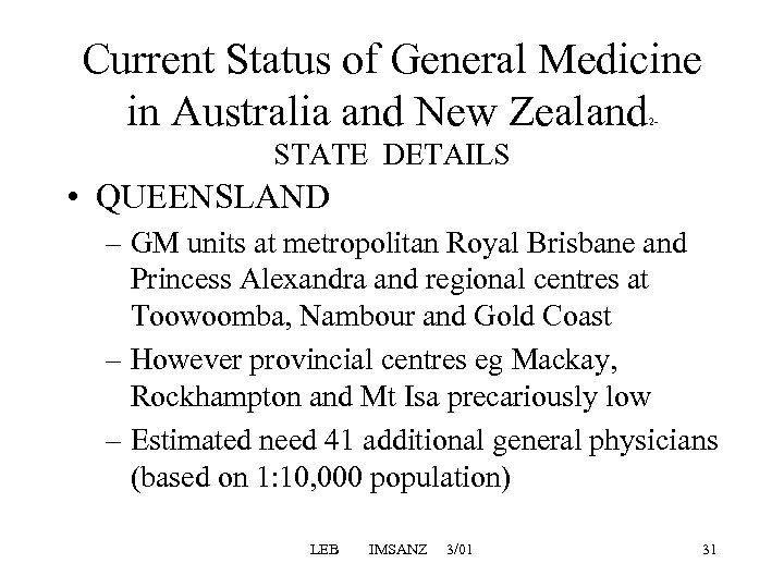 Current Status of General Medicine in Australia and New Zealand 2 - STATE DETAILS