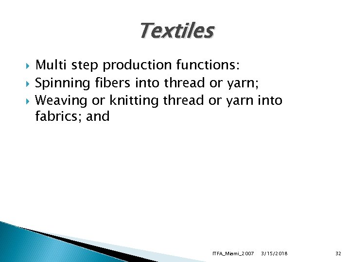 Textiles Multi step production functions: Spinning fibers into thread or yarn; Weaving or knitting