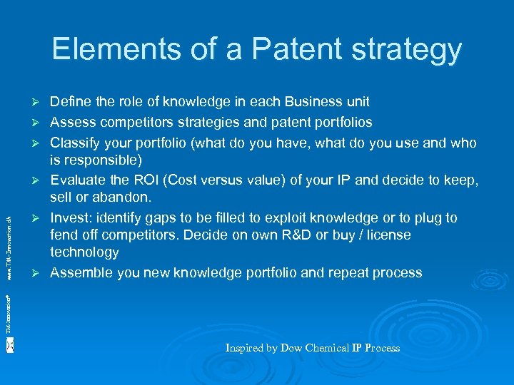 Elements of a Patent strategy Ø Ø Ø TM-Innovation© www. TM-Innovation. dk Ø Define