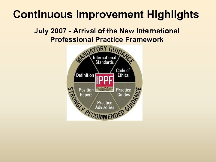 Continuous Improvement Highlights July 2007 - Arrival of the New International Professional Practice Framework