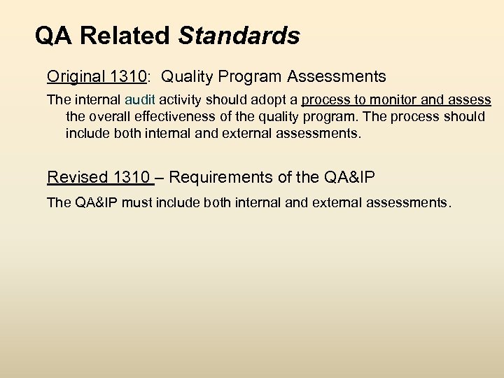 QA Related Standards Original 1310: Quality Program Assessments The internal audit activity should adopt