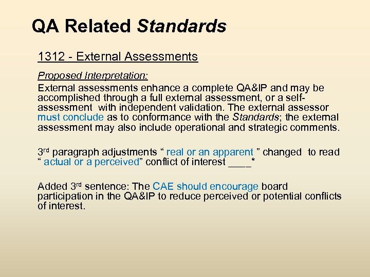 QA Related Standards 1312 - External Assessments Proposed Interpretation: External assessments enhance a complete