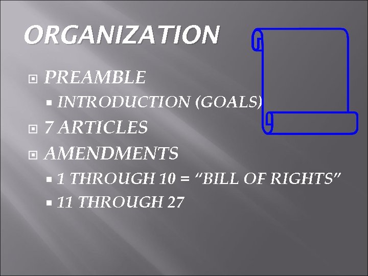 ORGANIZATION PREAMBLE INTRODUCTION (GOALS) 7 ARTICLES AMENDMENTS 1 THROUGH 10 = “BILL OF RIGHTS”