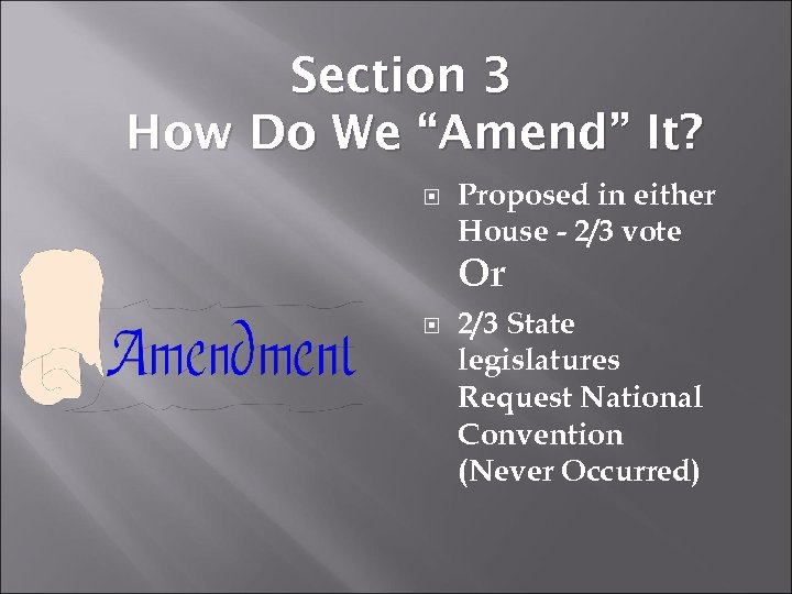 Section 3 How Do We “Amend” It? Proposed in either House - 2/3 vote