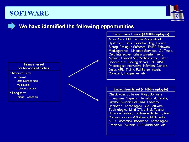 SOFTWARE We have identified the following opportunities Entreprises France (< 1000 employés) France-Israel technological