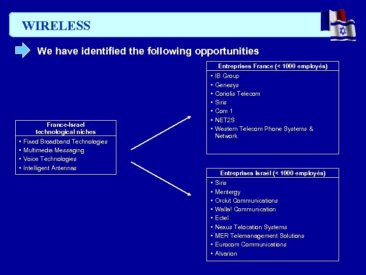 WIRELESS We have identified the following opportunities Entreprises France (< 1000 employés) France-Israel technological