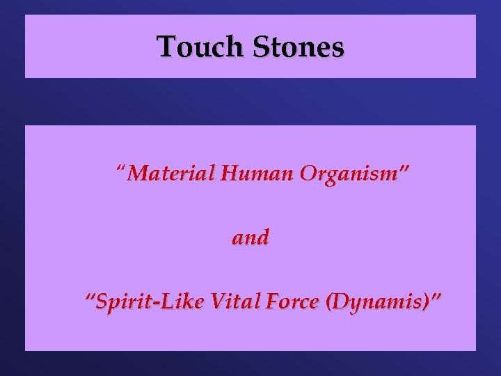 Touch Stones “Material Human Organism” and “Spirit-Like Vital Force (Dynamis)” 