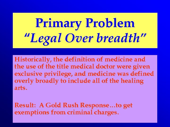 Primary Problem “Legal Over breadth” Historically, the definition of medicine and the use of
