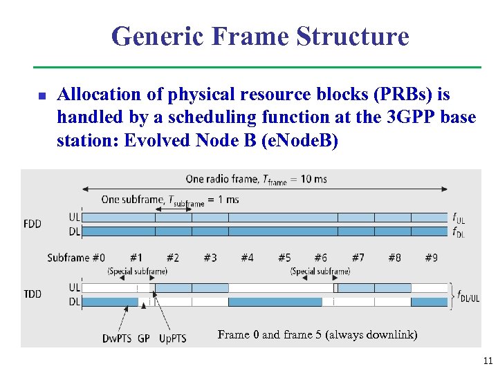 Generic Frame Structure n Allocation of physical resource blocks (PRBs) is handled by a