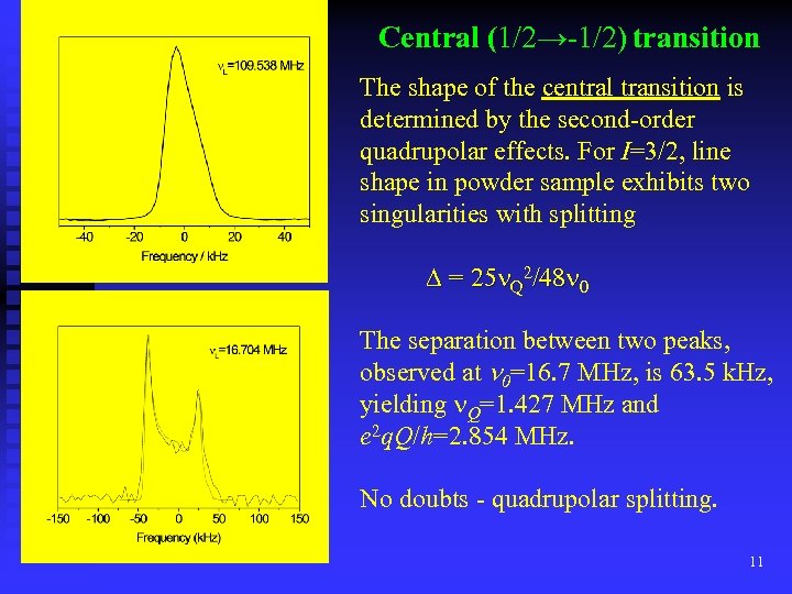 Central (1/2→-1/2) transition The shape of the central transition is determined by the second-order
