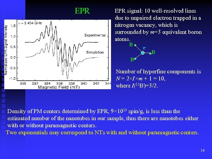 EPR signal: 10 well-resolved lines due to unpaired electron trapped in a nitrogen vacancy,
