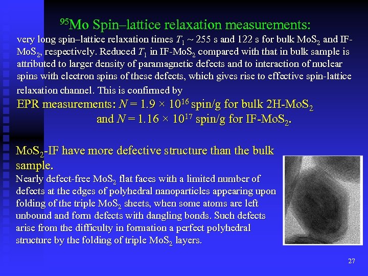 95 Mo Spin–lattice relaxation measurements: very long spin–lattice relaxation times T 1 ~ 255