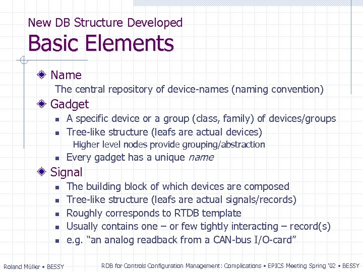 New DB Structure Developed Basic Elements Name The central repository of device-names (naming convention)