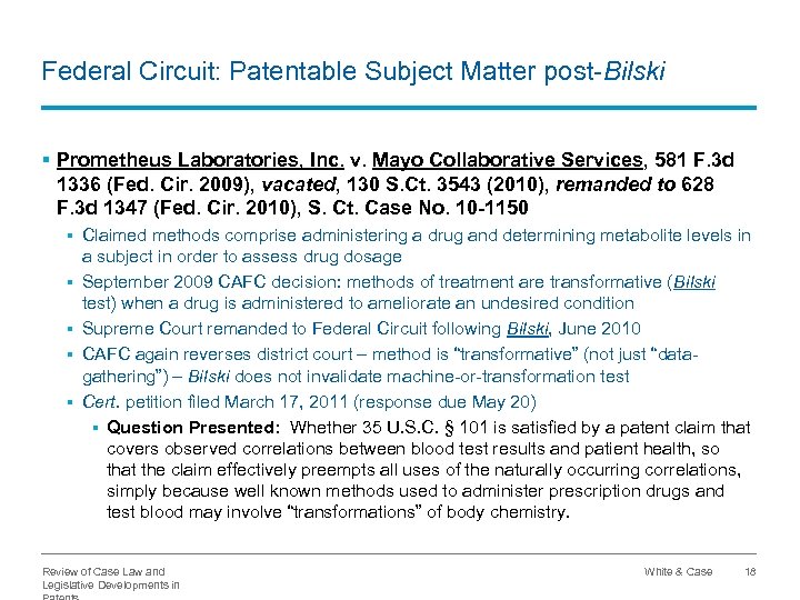 Federal Circuit: Patentable Subject Matter post-Bilski § Prometheus Laboratories, Inc. v. Mayo Collaborative Services,