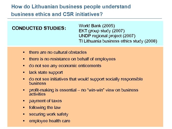 How do Lithuanian business people understand business ethics and CSR initiatives? CONDUCTED STUDIES: World