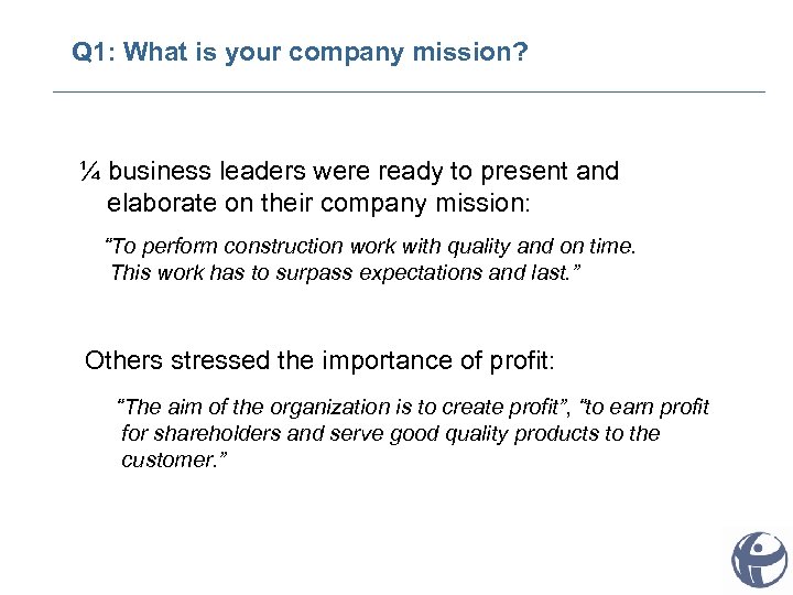 Q 1: What is your company mission? ¼ business leaders were ready to present