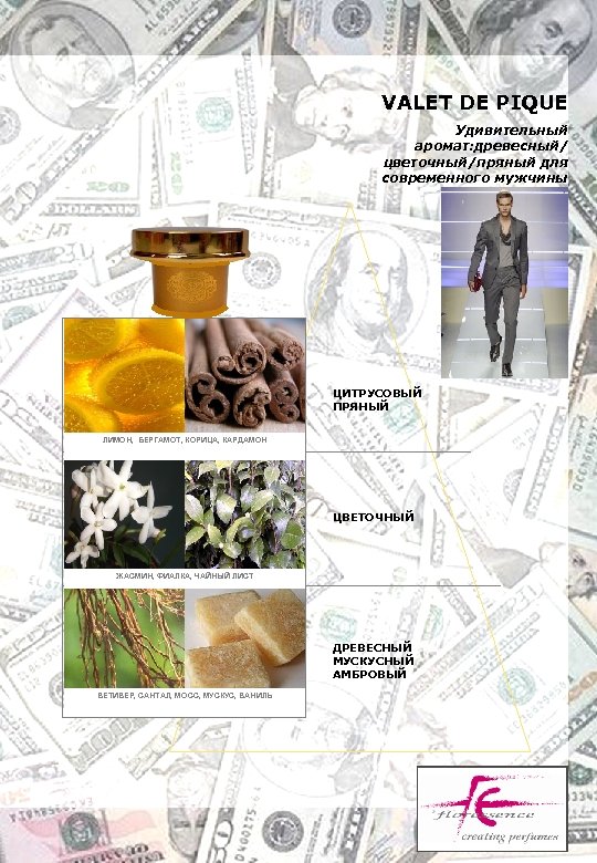 VALET DE PIQUE Удивительный аромат: древесный/ цветочный/пряный для современного мужчины ЦИТРУСОВЫЙ ПРЯНЫЙ ЛИМОН, БЕРГАМОТ,
