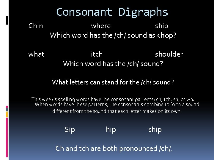 Consonant Digraphs Chin what where ship Which word has the /ch/ sound as chop?