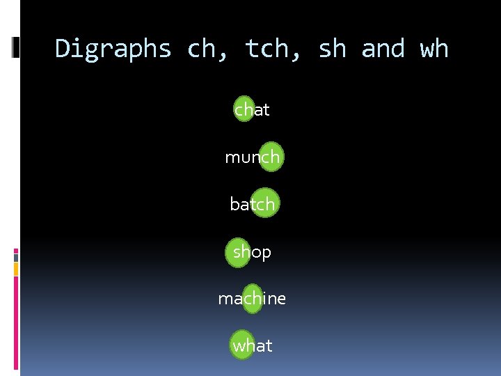 Digraphs ch, tch, sh and wh chat munch batch shop machine what 