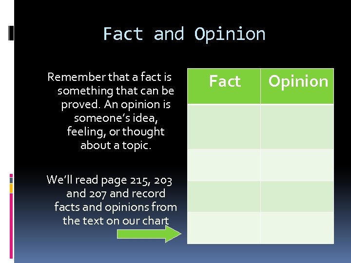 Fact and Opinion Remember that a fact is something that can be proved. An