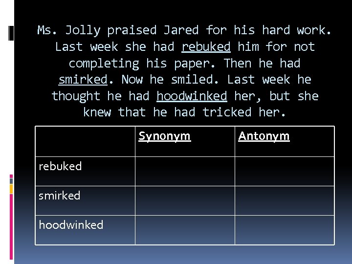 Ms. Jolly praised Jared for his hard work. Last week she had rebuked him