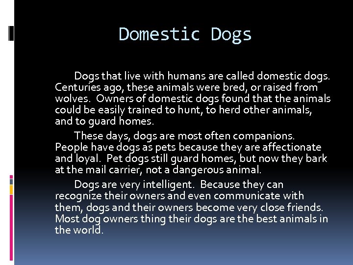 Domestic Dogs that live with humans are called domestic dogs. Centuries ago, these animals