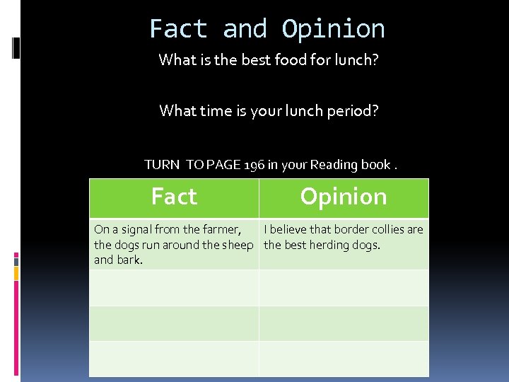 Fact and Opinion What is the best food for lunch? What time is your