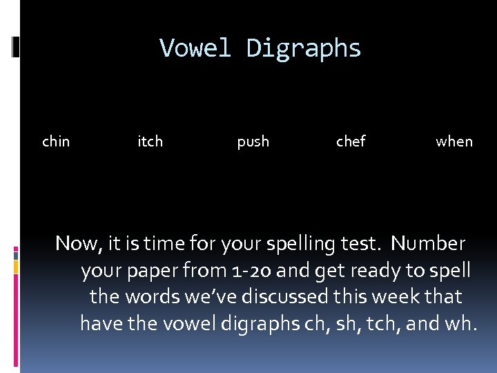 Vowel Digraphs chin itch push chef when Now, it is time for your spelling