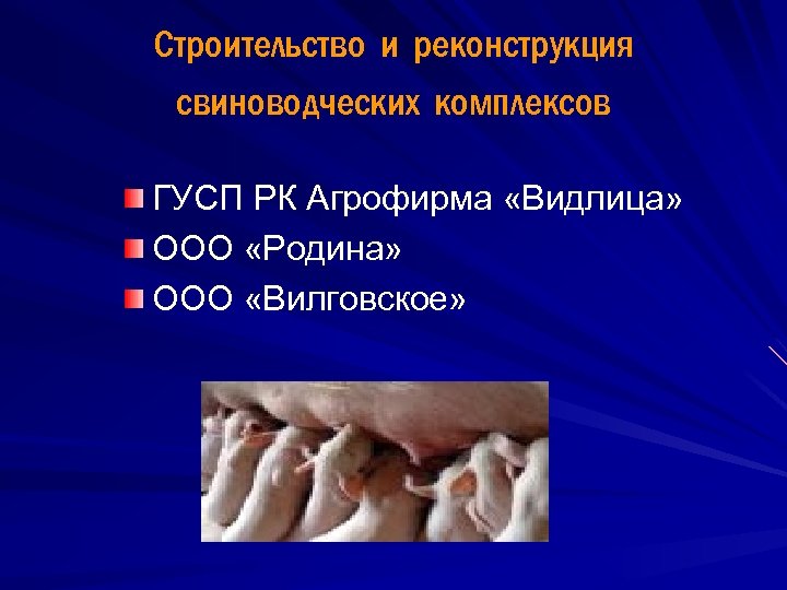 Строительство и реконструкция свиноводческих комплексов ГУСП РК Агрофирма «Видлица» ООО «Родина» ООО «Вилговское» 