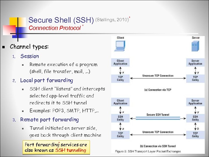 Secure Shell (SSH) (Stallings, 2010) * Connection Protocol * n Channel types: 1. Session