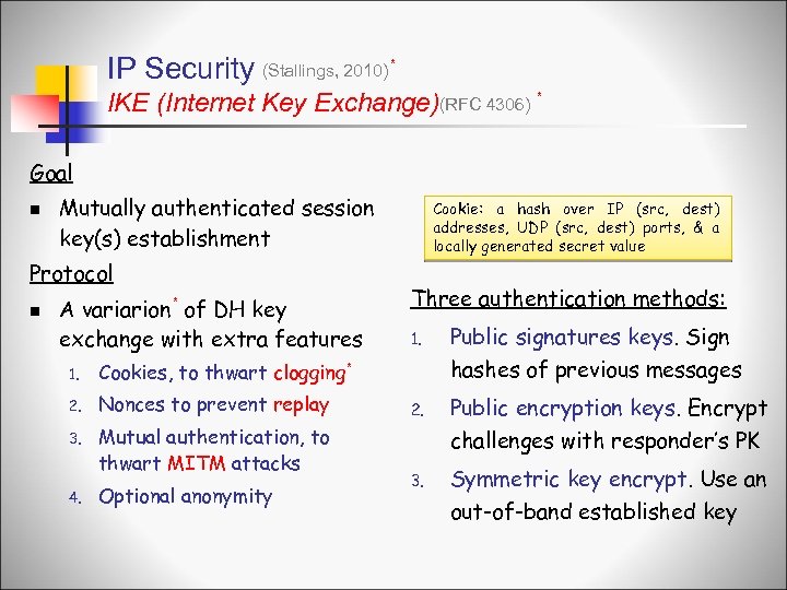 IP Security (Stallings, 2010) * IKE (Internet Key Exchange)(RFC 4306) * Goal n Mutually