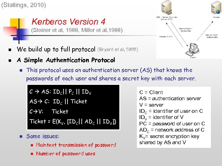 (Stallings, 2010) Kerberos Version 4 (Steiner et al, 1988, Miller et al, 1988) n