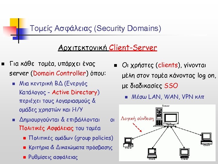 Τομείς Ασφάλειας (Security Domains) Αρχιτεκτονική Client-Server n Για κάθε τομέα, υπάρχει ένας n server