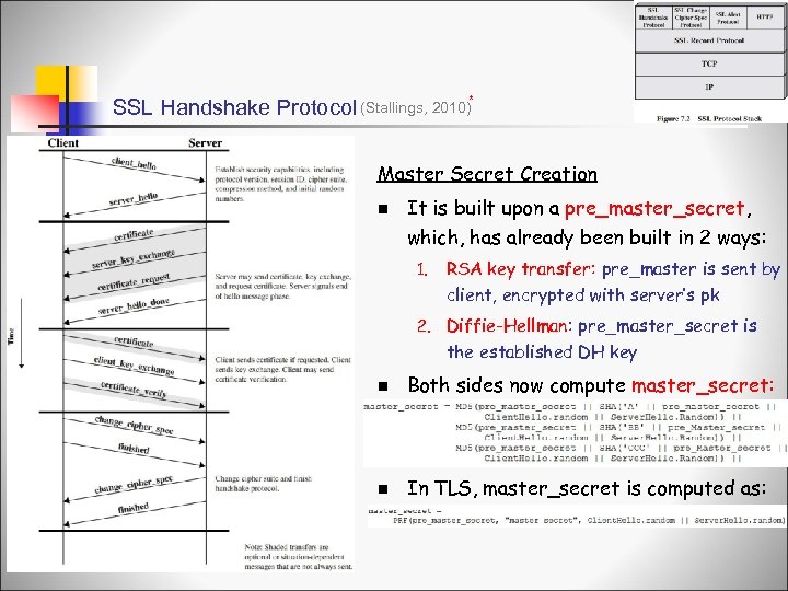 SSL Handshake Protocol (Stallings, 2010)* Master Secret Creation n It is built upon a