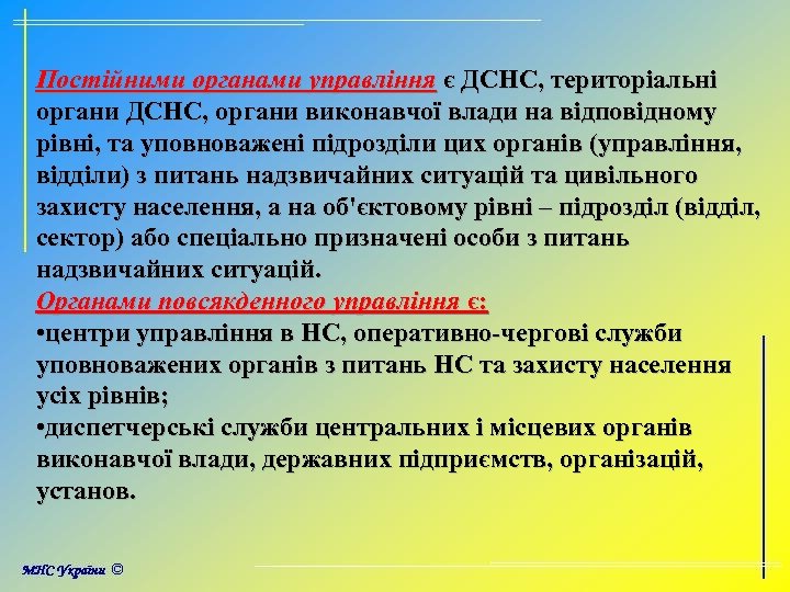 Постійними органами управління є ДСНС, територіальні органи ДСНС, органи виконавчої влади на відповідному рівні,