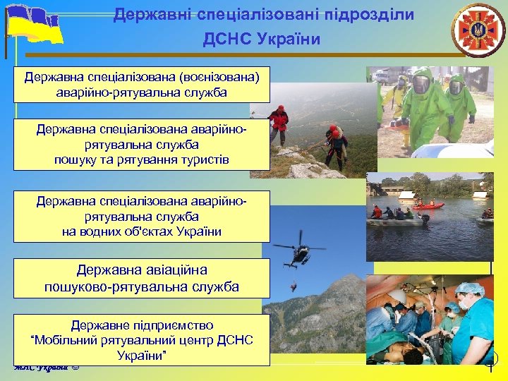 Державні спеціалізовані підрозділи ДСНС України Державна спеціалізована (воєнізована) аварійно-рятувальна служба Державна спеціалізована аварійнорятувальна служба