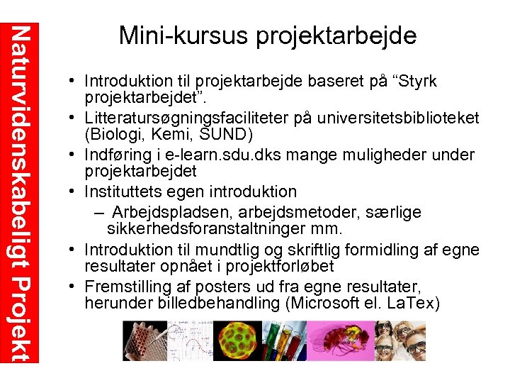 Naturvidenskabeligt Projekt Mini kursus projektarbejde • Introduktion til projektarbejde baseret på “Styrk projektarbejdet”. •
