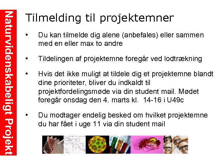 Naturvidenskabeligt Projekt Tilmelding til projektemner • Du kan tilmelde dig alene (anbefales) eller sammen