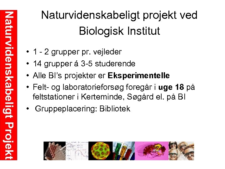Naturvidenskabeligt Projekt Naturvidenskabeligt projekt ved Biologisk Institut • • 1 2 grupper pr. vejleder
