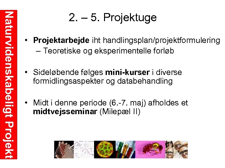 Naturvidenskabeligt Projekt 2. – 5. Projektuge • Projektarbejde iht handlingsplan/projektformulering – Teoretiske og eksperimentelle