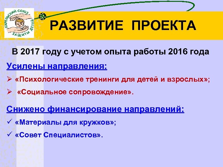 РАЗВИТИЕ ПРОЕКТА В 2017 году с учетом опыта работы 2016 года Усилены направления: Ø
