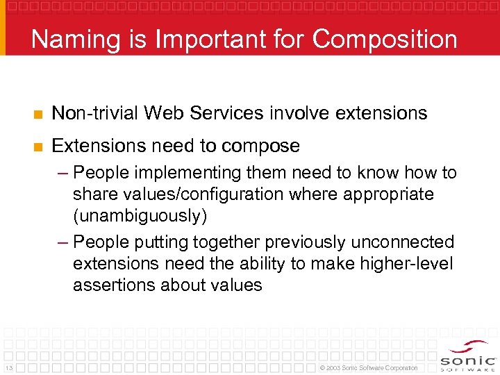 Naming is Important for Composition n Non-trivial Web Services involve extensions n Extensions need