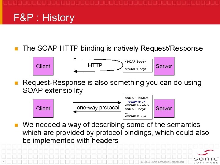 F&P : History n The SOAP HTTP binding is natively Request/Response Client n 4